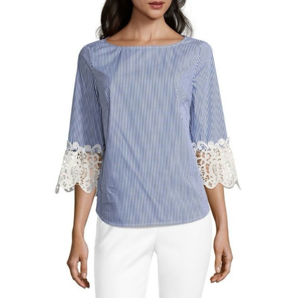 Liz Claiborne Career Lace Sleeve Striped Blouse Top PS‎ Cotton Poplin Blue White